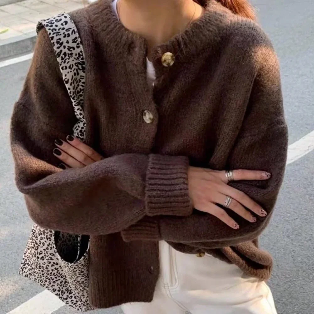 Brown Casual Women's Slouchy Loose Knitted Sweater Cardigan